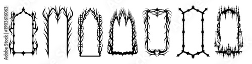 Gothic frame. Tribal fantasy border, neo baroque ornament or y2k branch arch as vintage grunge decoration. Black silhouette, decorative door gate, mystic element. Vector isolated design