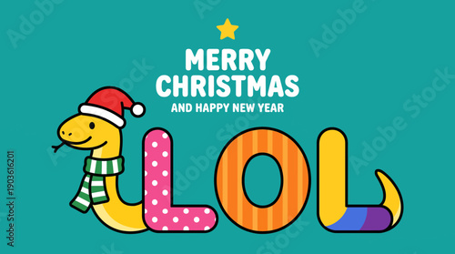 Playful cartoon dinosaur wearing a Santa hat and scarf beside colorful LOL letters on a teal background with a Merry Christmas and Happy New Year banner