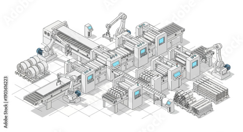 An isometric illustration of a modern automated industrial manufacturing production line with robotic arms and conveyor belts.