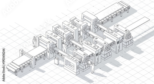 Isometric illustration of a complex industrial manufacturing production line with multiple stages and conveyor belts.
