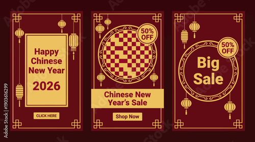 Three red and gold Chinese New Year banners with ornate borders promoting 2026 sales and a big seasonal sale