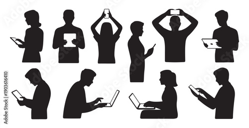 People using modern digital devices black silhouette vector illustration set on white background