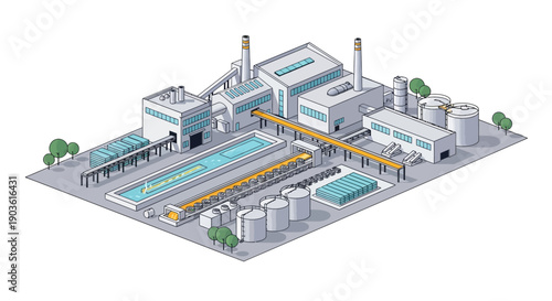 Isometric illustration of a modern industrial water treatment plant with various tanks, pools, and buildings.
