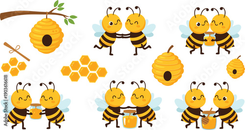 Cute bees collecting honey in happy moments together