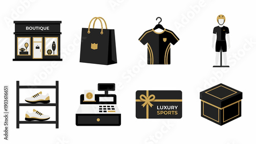 Luxury sports boutique icons collection featuring apparel and accessories