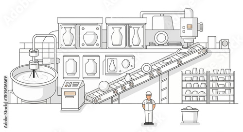 A detailed illustration of a pottery manufacturing plant with a conveyor belt system and a worker overseeing the process.