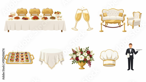 Collection of luxury wedding icons including dining, celebration, and service elements in a sophisticated setting