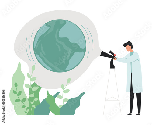 Lab scientists. People conduct science experiment. Biology and geology research. Man looking at Earth planet through telescope. Climate and ecology study. Ecosystem explore. Vector concept