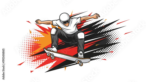 Skateboarder performing aerial trick over abstract graphic design