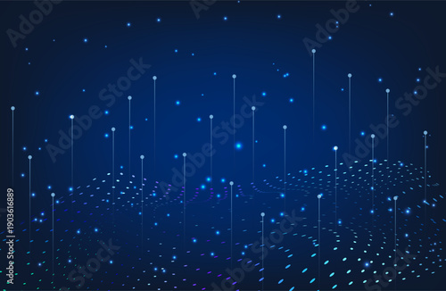 Vector illustration of futuristic digital technology background with glowing dots floating on digital landscape and wave wireframe above for game graphic and advertising artwork.Business Not Ai