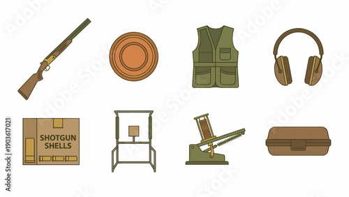 Collection of military equipment and accessories icons displayed in a grid layout