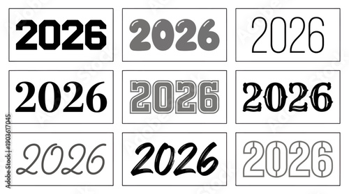 Collage of 2026 typography samples in various fonts, weights, and styles with varied backgrounds for design inspiration