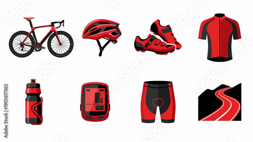 Cycling accessories and apparel set displayed on a clean white background from a straightforward viewpoint