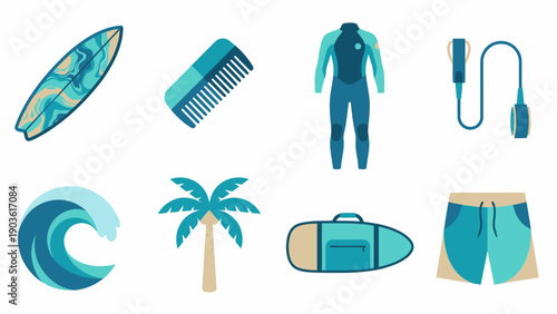 Collection of flat icons featuring surfboard, wetsuit, grooming, and beach elements in a uniform teal color scheme