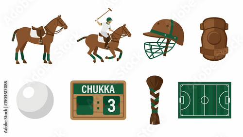 Set of 8 flat icons representing polo sport equipment and actions on white background.eps