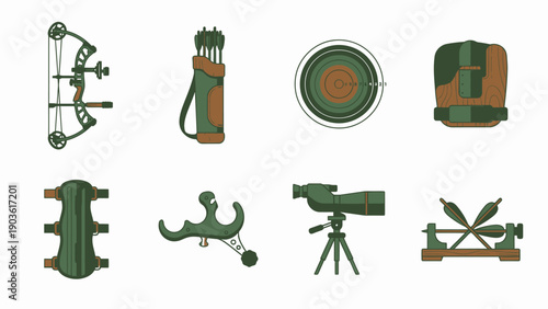 Collection of Hunting and Outdoor Gear Icons in Various Views and Angles