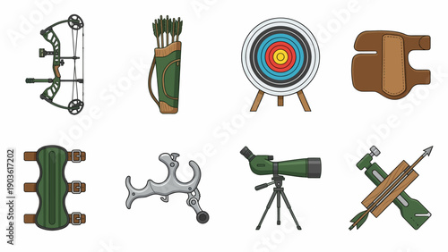 Hunting icons collection featuring archery equipment and target on a plain background, high-altitude concept