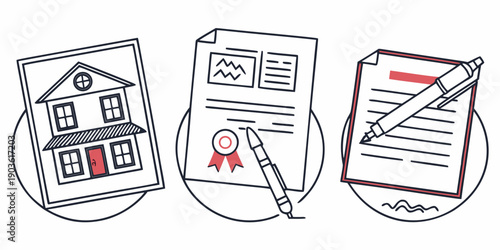 Illustration of a house, a document with a magnifying glass, and a document with a red stamp.