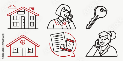 Illustrations of various aspects of real estate and home ownership.
