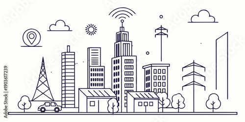 A bustling cityscape with modern buildings and various communication infrastructure.