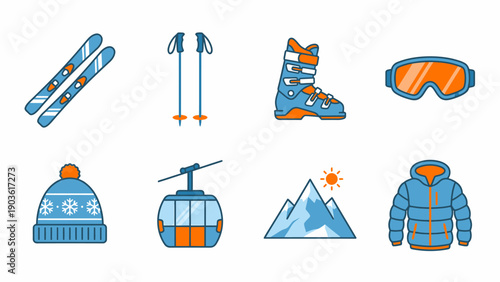 Winter sports equipment and apparel icons featuring ski, boot, goggle, hat, and jacket elements in a collection of flat design graphics