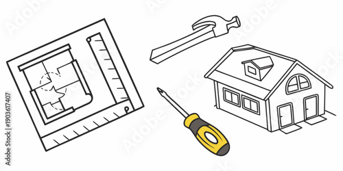 Illustration of a house blueprint with tools and a model home