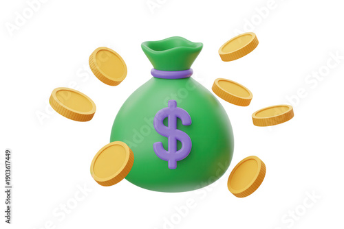 Green money bag with dollar sign and coins flying around