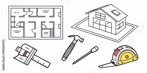 Illustration of various tools and a house plan for construction and renovation projects.