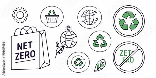 Illustrations of sustainable practices and eco-friendly symbols.