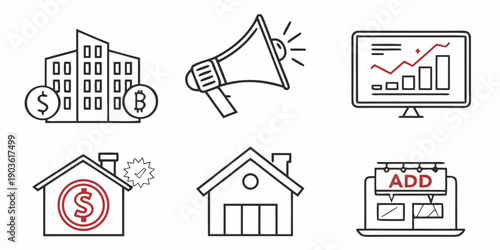Icons representing various aspects of real estate and property management.