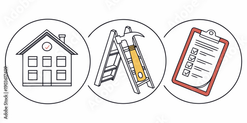 Three icons representing home maintenance, construction, and paperwork.