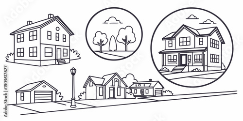 Illustration of various house types and their unique architectural features