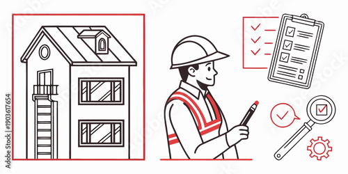 An architect in a hard hat and high-visibility vest is drawing up house plans.