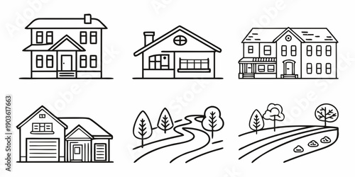 A collection of various types of houses and buildings in a simple line art style