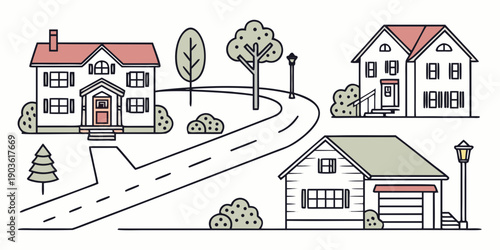 A charming suburban neighborhood with diverse houses and lush greenery.