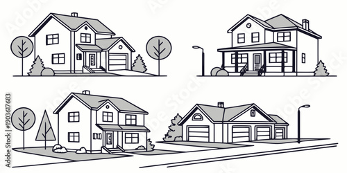 Four houses in a row, each with unique features and architectural styles.