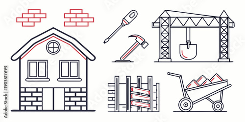 Illustration of a house with various tools and materials for home improvement.