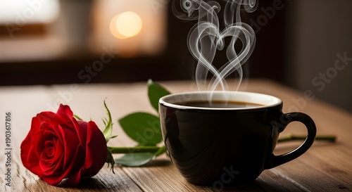 A Steaming Cup of Black Coffee with Heart-Shaped Vapor Rising Beside a Fresh Red Rose on a Sunlit Wooden Table