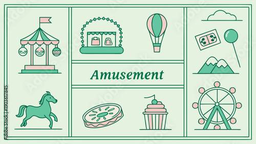 A vibrant illustration showcasing various amusement park attractions and activities