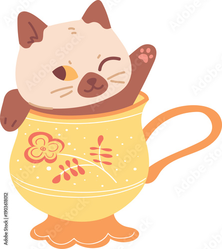 Playful kitten in funny mug. Cute animal icon