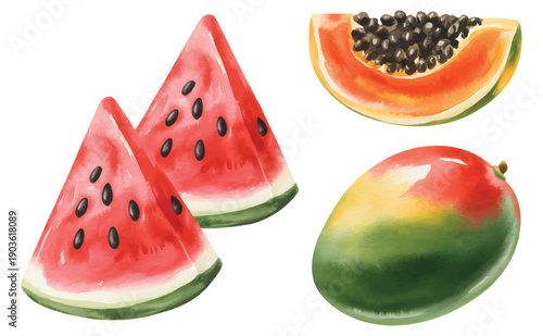 Fresh summer fruits featuring juicy watermelon in watercolor style. Juicy summer watermelon pieces isolated.