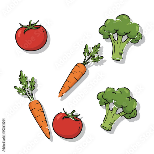 Hand Drawn Doodle Vegetable Mix: Tomatoes, Carrots, and Broccoli Vector Set isolated PNG with Transparent Background