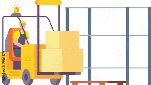 Storehouse worker ride forklift with cardboard box pallet
