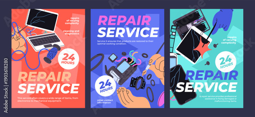 Set of advertising poster designs of repair service. Promotion templates of fixing of broken electronics, devices. Layouts with malfunctions of smartphones, tablets, laptops. Flat vector illustrations