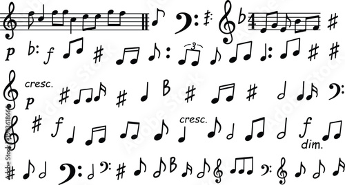 Musical notes and symbols on sheet music background