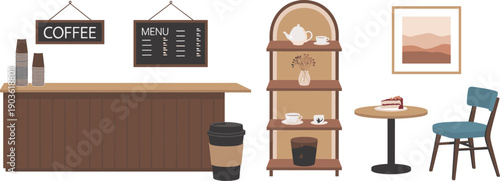 Cozy coffee shop interior illustration, cafe counter menu shelves table chair, modern flat design, warm colors, isolated decor scene