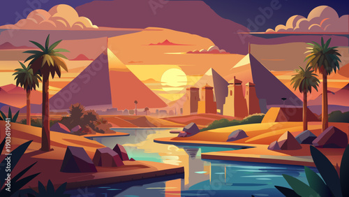 Very beautiful Egyptian sunset scene blends pyramids, palm-lined riverbanks, and distant city silhouettes, capturing the balance between ancient monuments, flowing water, and warm desert light.