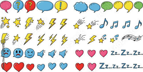 Vibrant cartoon icons for chat and emotions in bright colors