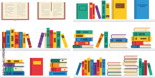 Vibrant colorful books stacked on shelves in library or library setting