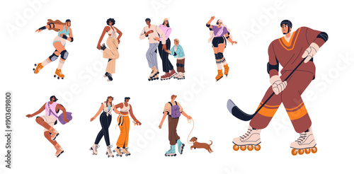 Rollerblading people set. Men, women are rollerskating outdoors. Happy characters skate on rink together, play roller hockey. Skaters ride, fun in summer. Flat isolated vector illustrations on white.